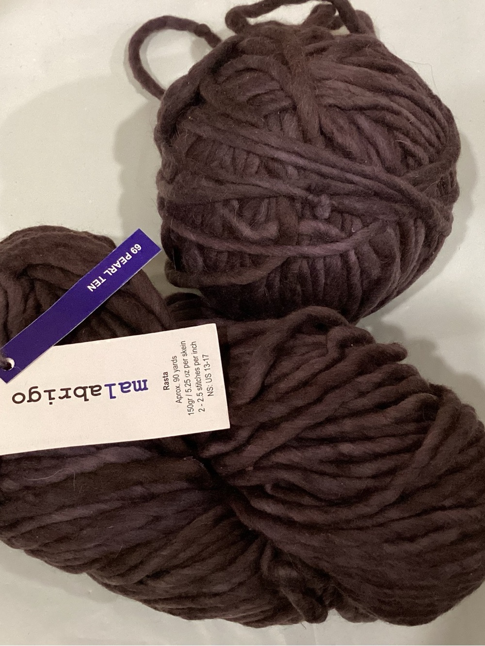 2 hanks of Malabrigo Rasta super bulky yarn in colorway pearl ten